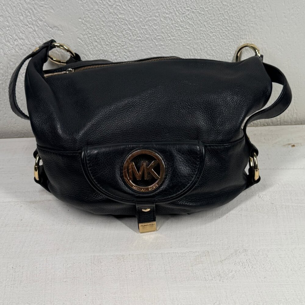 Michael Kors Black Leather Hobo Shoulder Bag Gold MK Logo Zip Top Medium - Picture 8 of 15